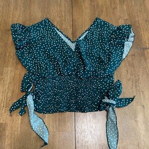 SHEIN Teal Polka Dot V-Neck Smocked Crop Top with Side Ties